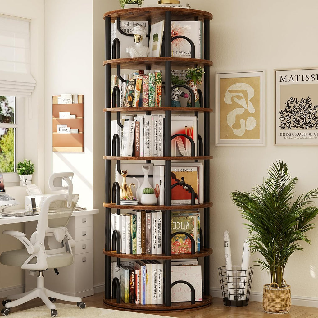 6 Tier Rotating Bookshelf Tower, Revolving Bookcase, 360° Round Spinning Book Shelf