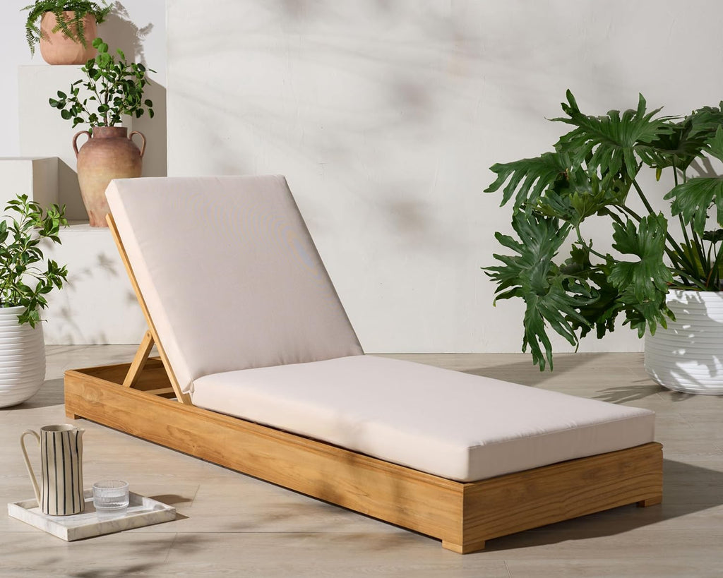 Patio Furniture Collection - Montford Brazilian Teak Chaise Lounge with Beige Cushions, Adjustable