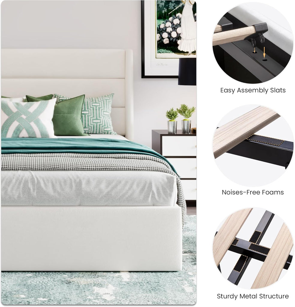 Queen Lift Up Storage Bed/Velvet Upholstered/Modern Wingback Headboard/Upholstered Platform Bed Frame/Hydraulic
