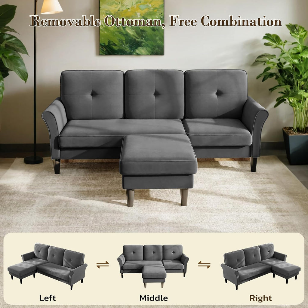 Sofas for Living Room, 83" Velvet Sectional Couch with Moveable Ottoman, Midcentury Modern Small Sectional Couch