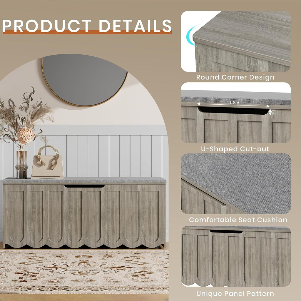 47.2" Storage Bench, Storage Chest with Cushion Seat, 4 Swivel Wheels & 2 Safety Hinges, Wooden Entryway Bench with