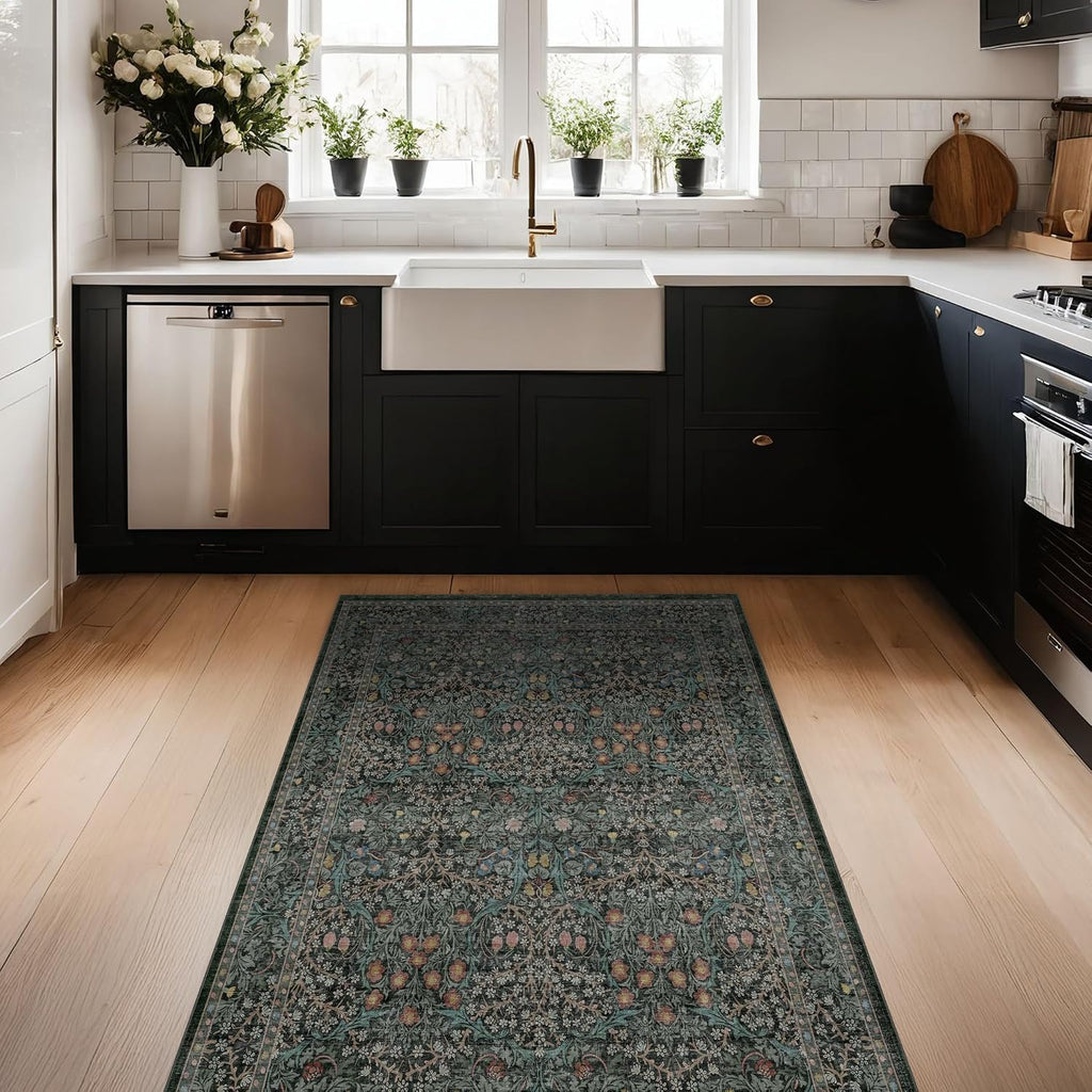 Vintage Floral Dark Green 3x5 Area Rugs Beside Rug, Laundry Room, Non-Slip Low Pile Ultra Soft Stain Resistant Small