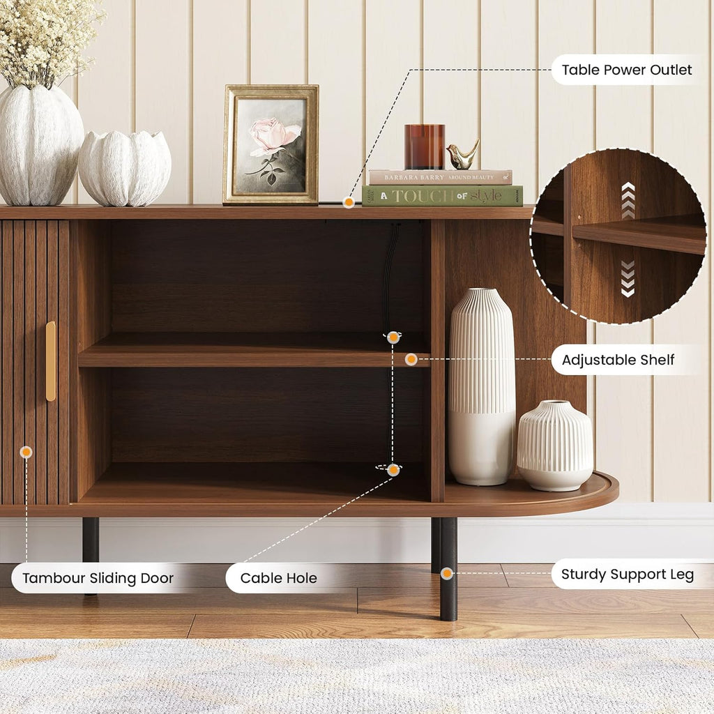55" Mid-Century Modern TV Stand with Power Outlet, Entertainment Center for TVs up to 60", TV Stand Cabinet with Storage for Living Room, Kitchen/Entryway,Adjustable Shelves,Easy Assembly (Walnut)