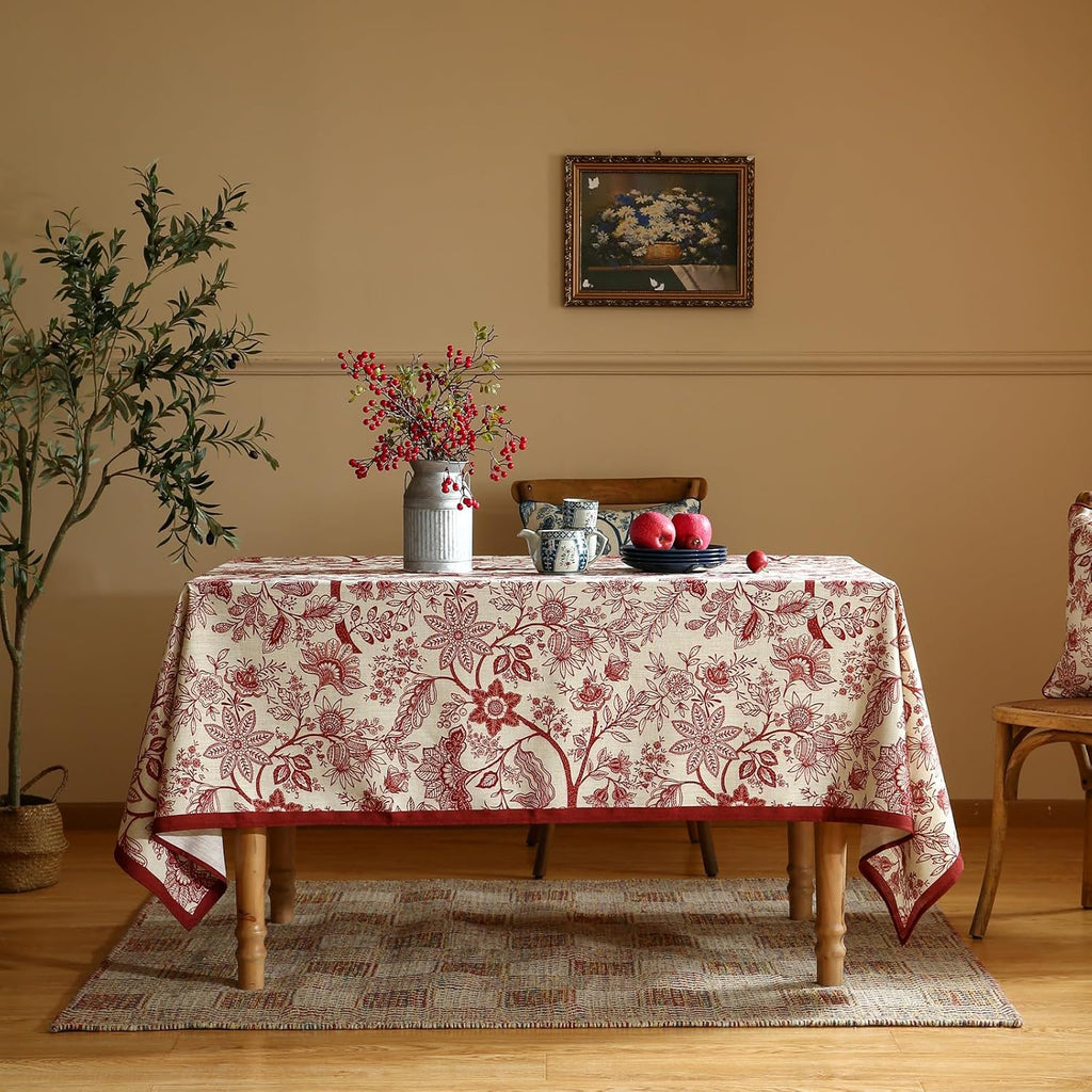 Designer French Linen Table Cloth for Rectangle Table,Red Floral Washable Indoor Tablecloth,Durable 