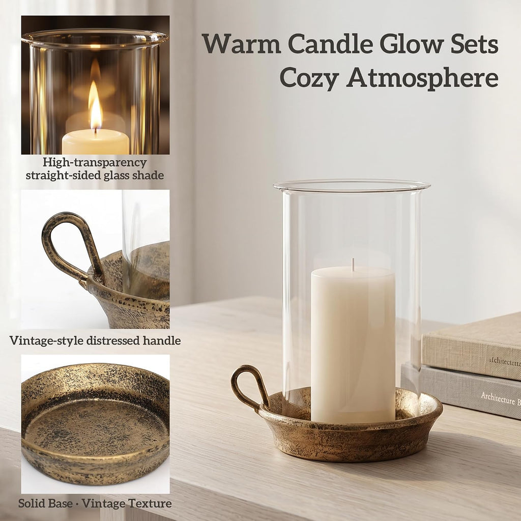 Rustic Pillar Candle Holder with Glass Hurricane Shade, Vintage Brass Cast Iron Candle Holder for 3 Inch Pillar