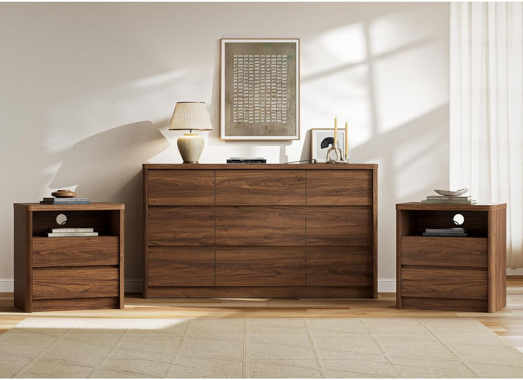 9 Drawer Walnut Dresser , 55" Wide Modern Chest of Drawers with 9 Large Storage Space with Curved Edge Design, Large