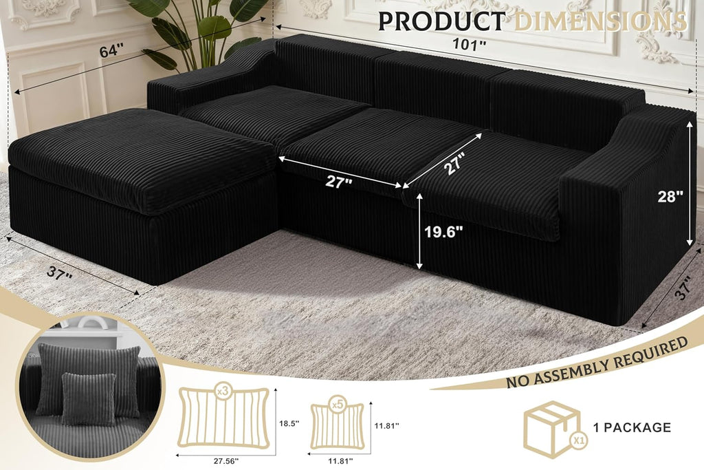 101" Modular Couch Sectionals with Ottoman, Big Comfy Cloud Couches, L Shaped 4 Seat Modular Sectional Sofa