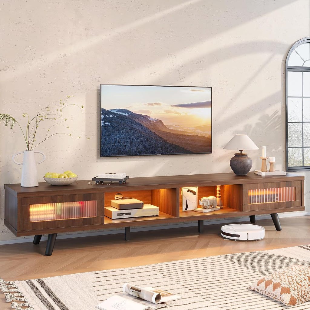Mid Century Modern TV Stand for 75 inch TV, LED Entertainment Center with Storage and Sliding Doors, Low Profile TV