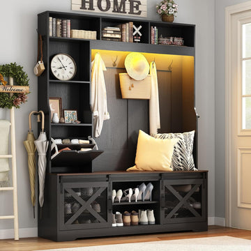 75''H 59''W Large LED Farmhouse Hall Tree with Bench and Shoe Storage,Entryway Bench with Coat Rack,16 Shoe Cubbies &