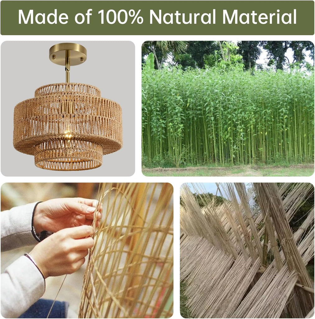 12.4" Boho Rattan Chandelier Light Fixture, 1-Light Hand Woven Pendant Light Fixture Farmhouse Rustic Hanging Lamp