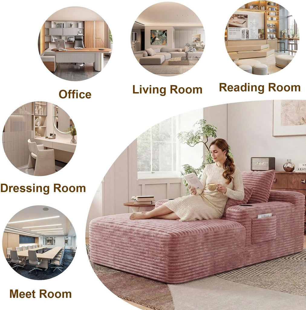 65" Oversized Chaise Lounge Chair Indoor, Boneless Chaise Lounge Chair with Cup Holders Side Pockets 3 Pillows, Cloud