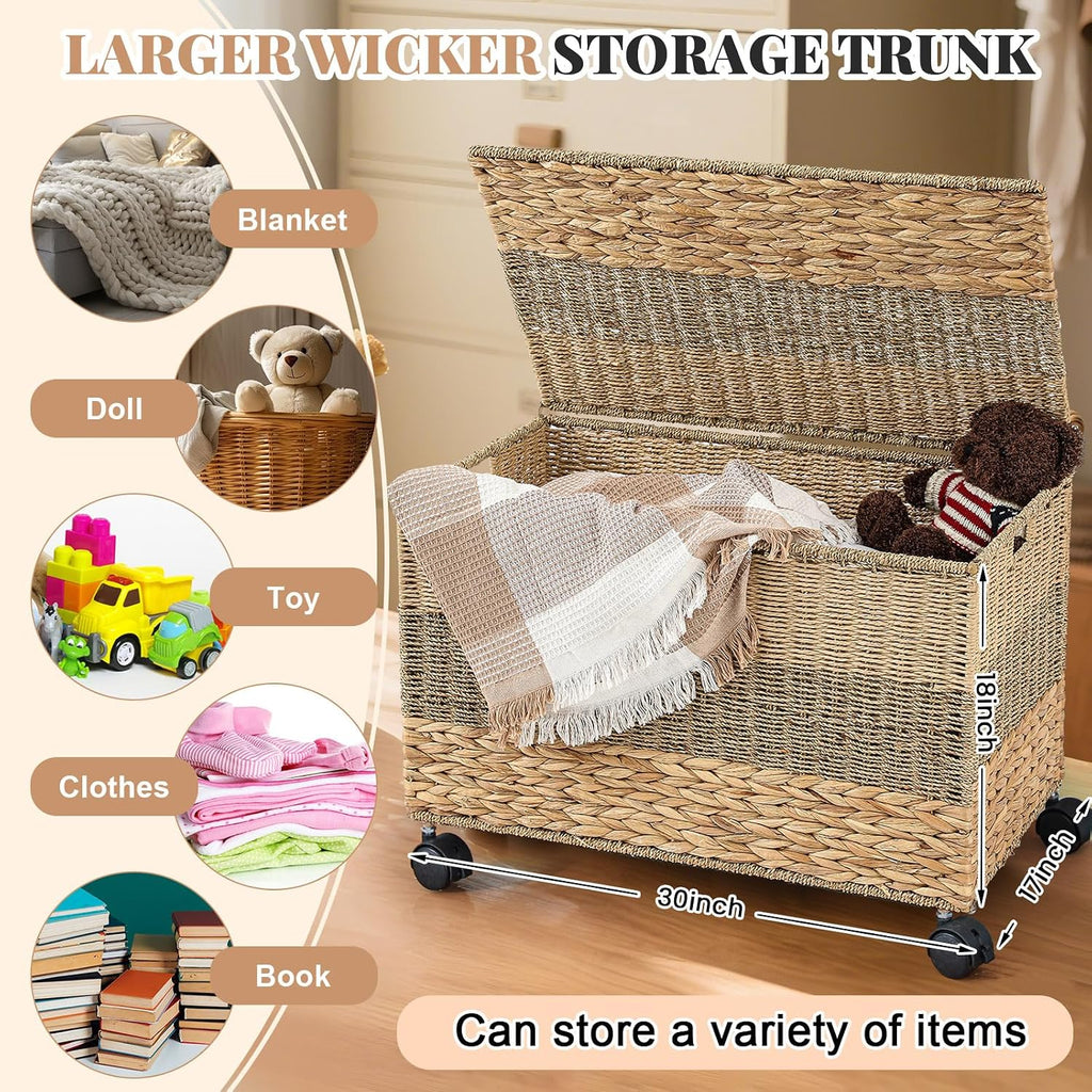 42.3 Gallon(160L) 30×17.7×18 in Wicker Storage Trunk with Wheels & Lid Heavy Duty Rolling Storage Bench Large Toy
