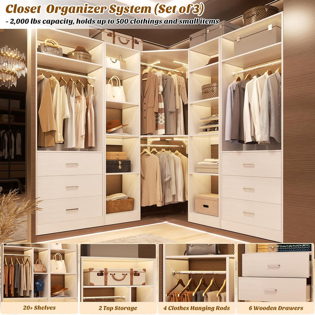 Corner Closet System with 6 Drawers, Corner Closet Organizer System | Reversible L Shaped Walk-in Closets with 14