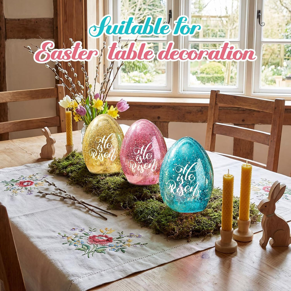 Easter Egg Light Decorations, He is Risen Table Centerpiece Lights with Timer Mercury Glass Egg Lamps, Spring - Set of 3