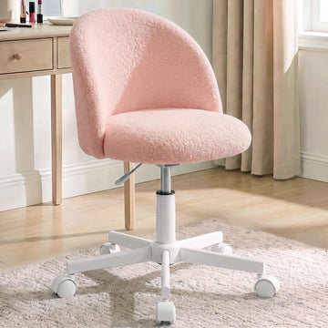 Vanity Chair with Wheels, Small Desk Seat Armless, Pink Teddy