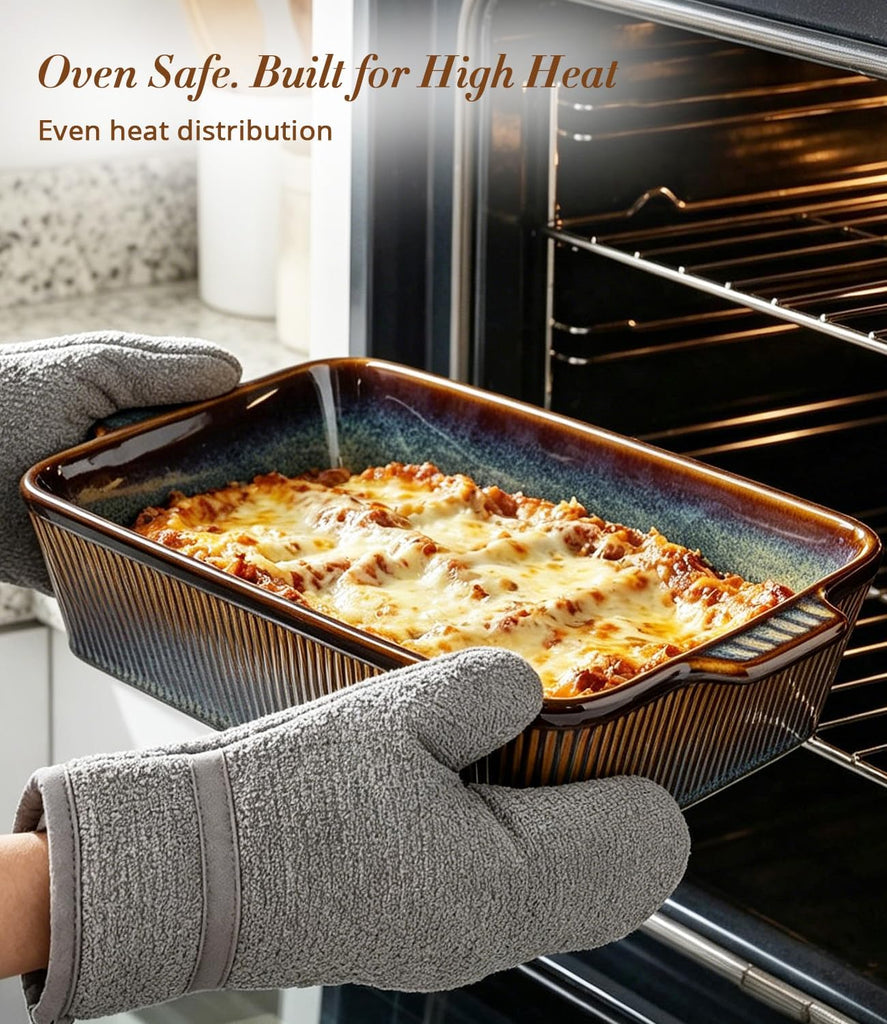 Casserole Dishes for Oven, Ceramic Dish Set of 3 | Deep Rectangular Dishes with Handles, Reactive Glaze Bakeware Set