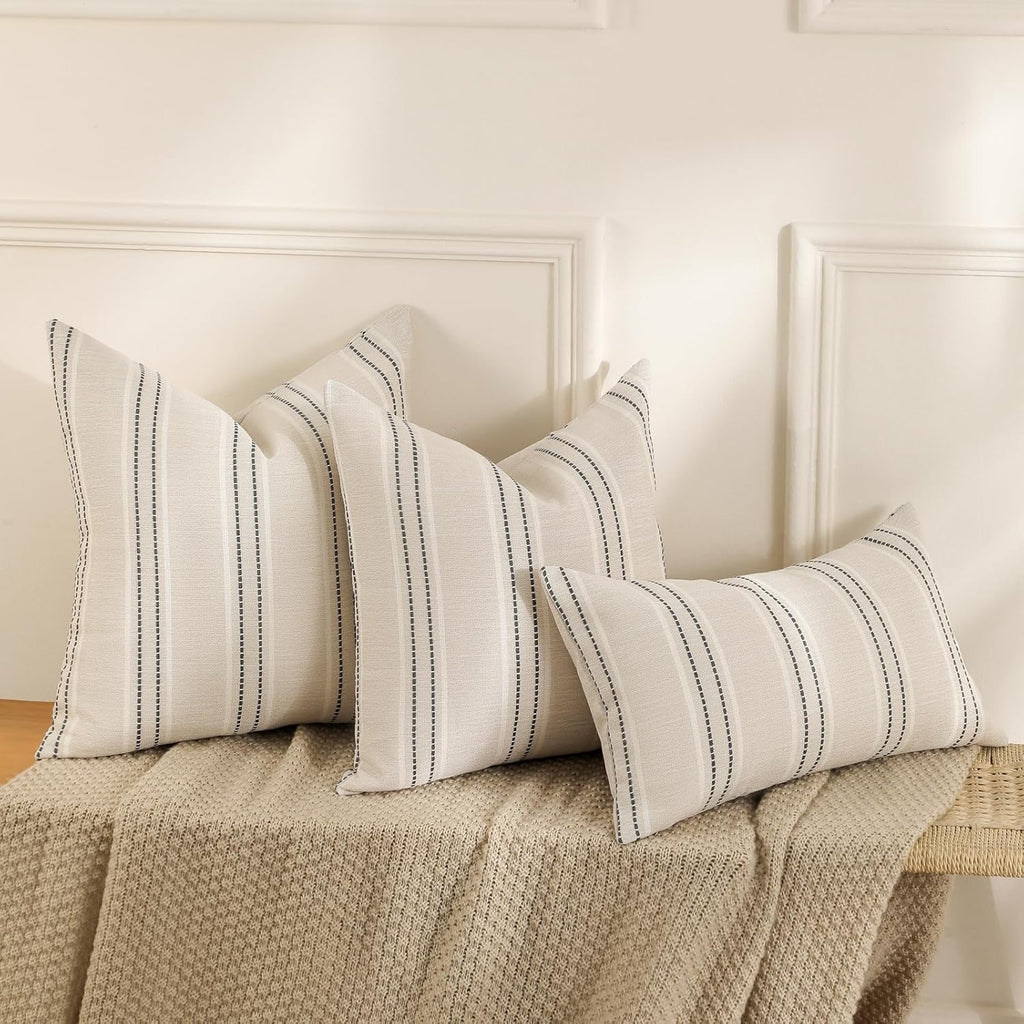 Throw Pillow Covers 20x20 Set of 2 Striped Pillow Covers Textured Linen Decorative Pillows Square Cushion Covers, Grey