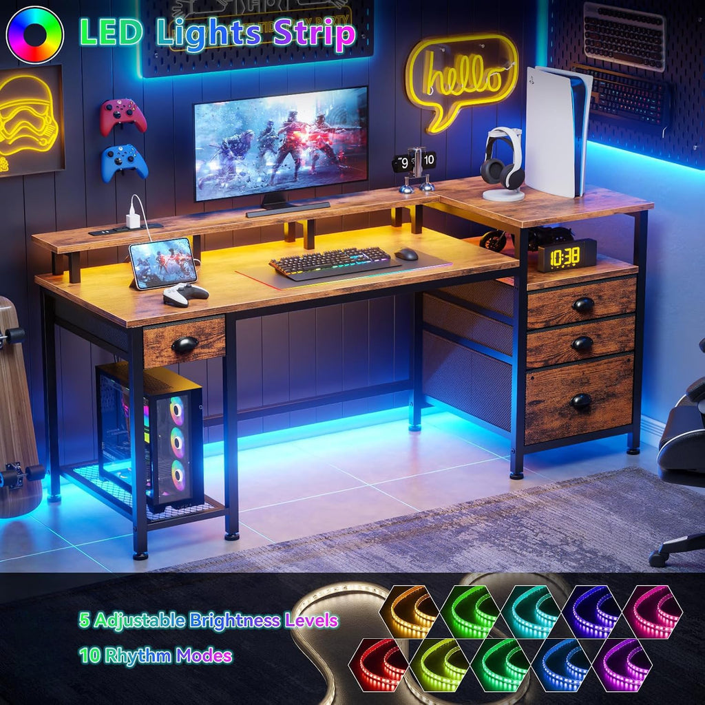 60" Computer Desk with 4 Drawers, Power Outlet, LED, Rustic Brown
