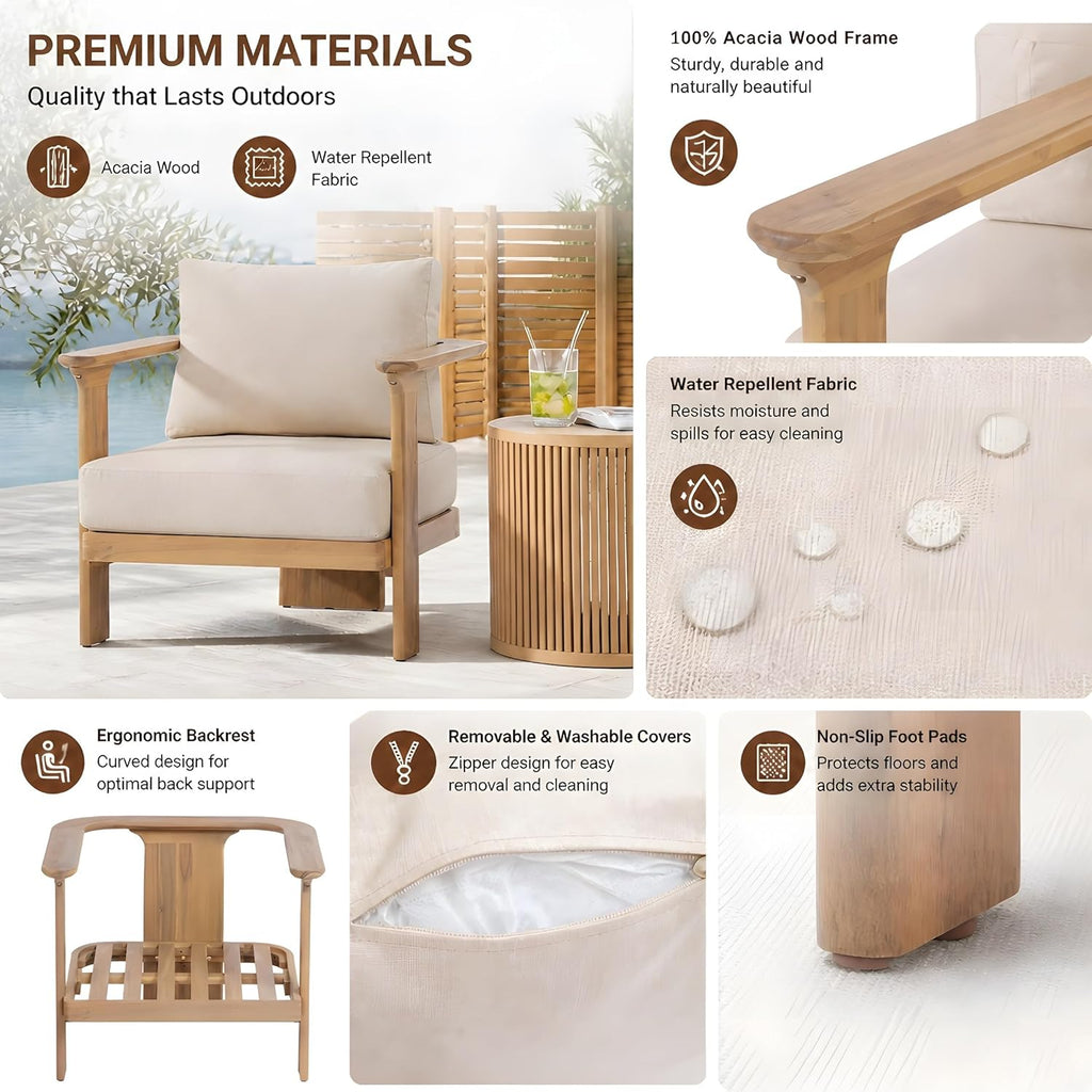 Kera 4-Seater Patio Furniture Set with Removable Cushion, 4 Piece Outdoor Acacia Wood Conversation Set, Sold Wood