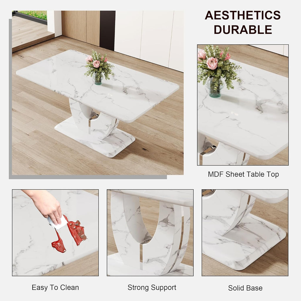 63" Faux Marble Dining Table, Modern Rectangular Kitchen Table with 1.8'' Thick MDF Tabletop, Rounded Corners, Stable