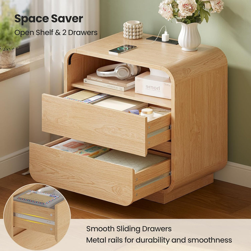 25" Tall Modern Nightstand with Charging Station, 23.6" Wide Wood Bedside Table w/2 Storage Drawers, Curved Profile