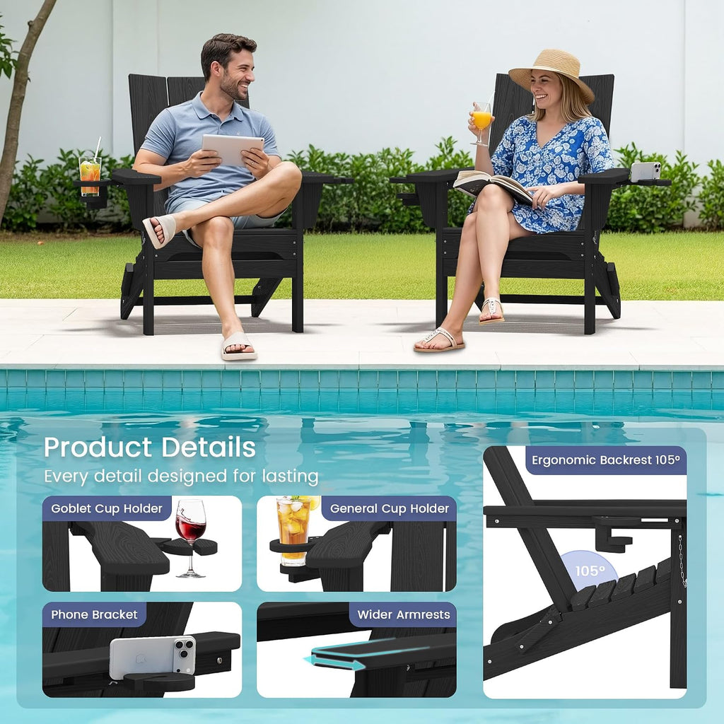Modern Folding Adirondack Chairs Set of 2, HDPE, Cup Holders, Black | Outdoor All-Weather Lawn Adirondack Chairs Wood