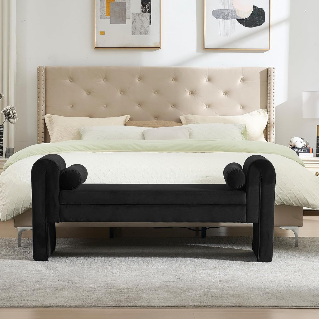 Velvet Bench End of Bed, 60.5- inch Upholstered Button Tufted Ottoman Bench with Rolled Arms, Button-Tufted Ottoman