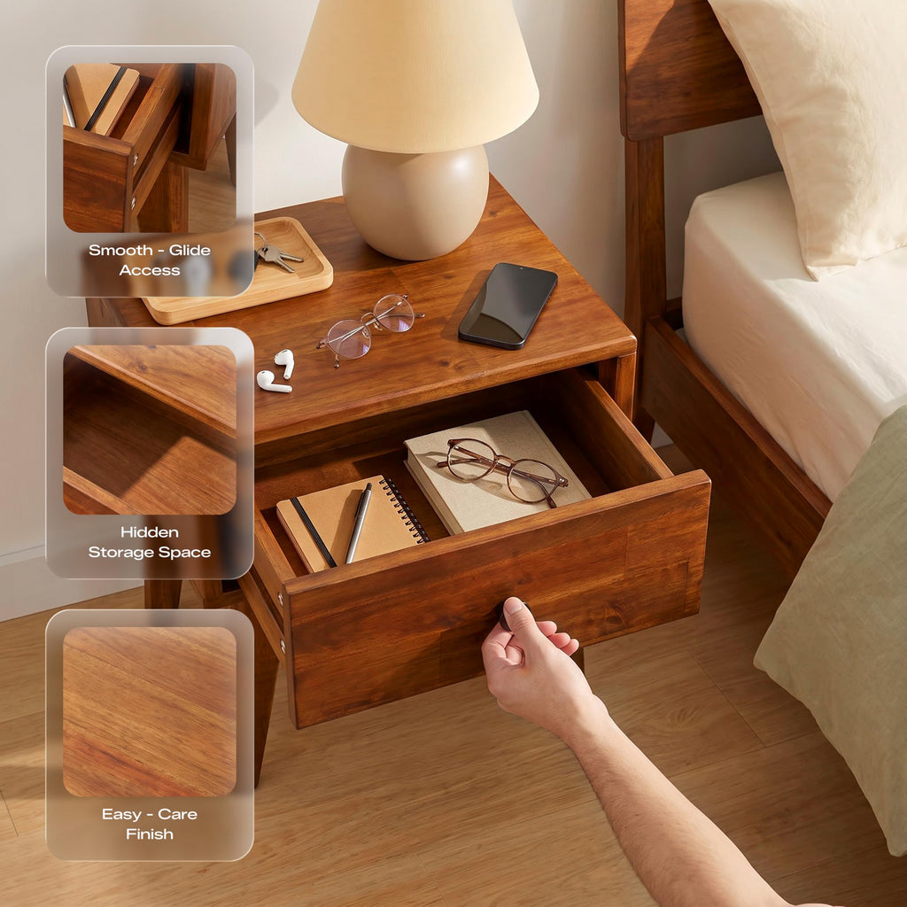 Sofia Nightstand with Drawer, Bedside Table, Solid Wood Bedside End Table with Drawer and Storage Space, Caramel