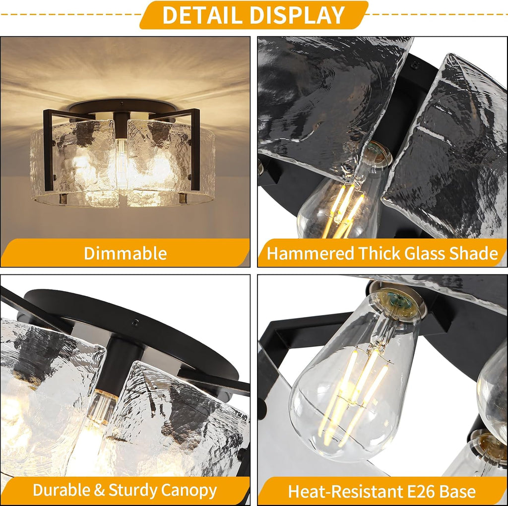 18.5'' Modern Black Semi Flush Mount Ceiling Light, Entryway Light Fixture, 4-Light Glass Ceiling Lights Foyer
