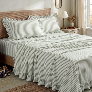 Sage Green Striped Ruffle Sheets Set, Farmhouse Cottage