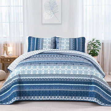 Boho Quilt Set, 3 Pcs Navy Blue Bedspread Covrtlet Set