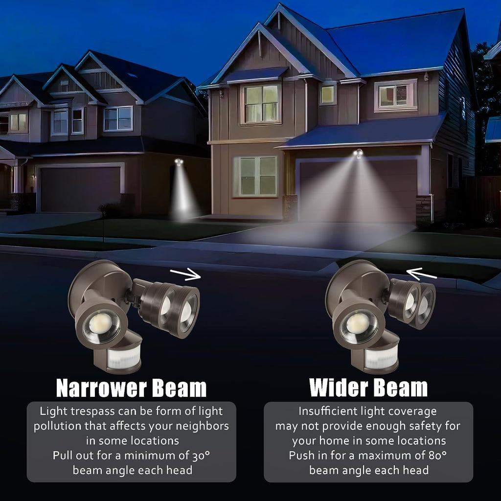 Outdoor LED Two-Head Security Flood Light, Motion Sensor, Adjustable Beam Angle Light Coverages, Adjustable