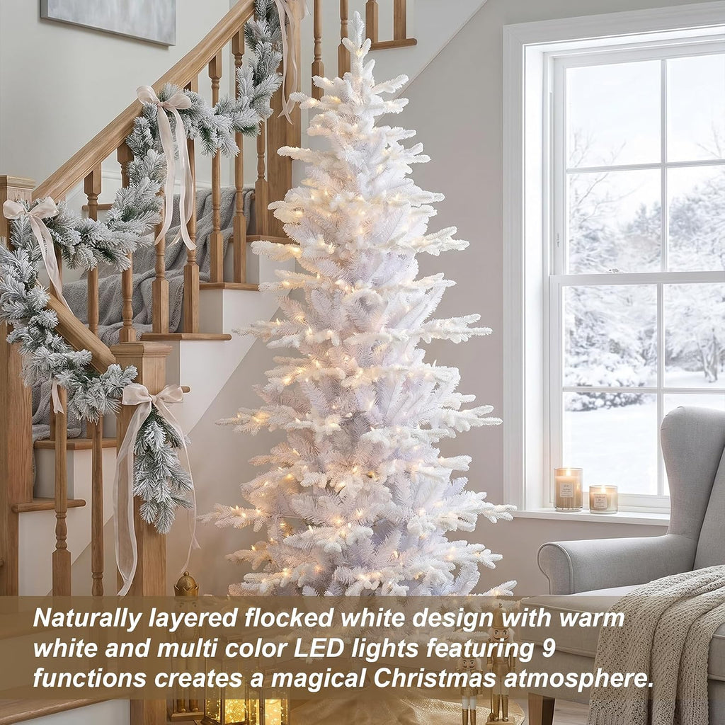 Prelit Artificial Christmas Tree, 6 to 7 ft, Slim Flocked Christmas Tree, Elegant White Frostfall Fir