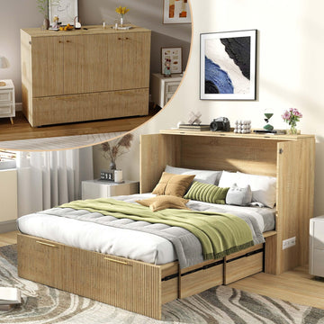 Full Size Murphy Bed Cabinet: Fluted Oak Murphy Bed Wood