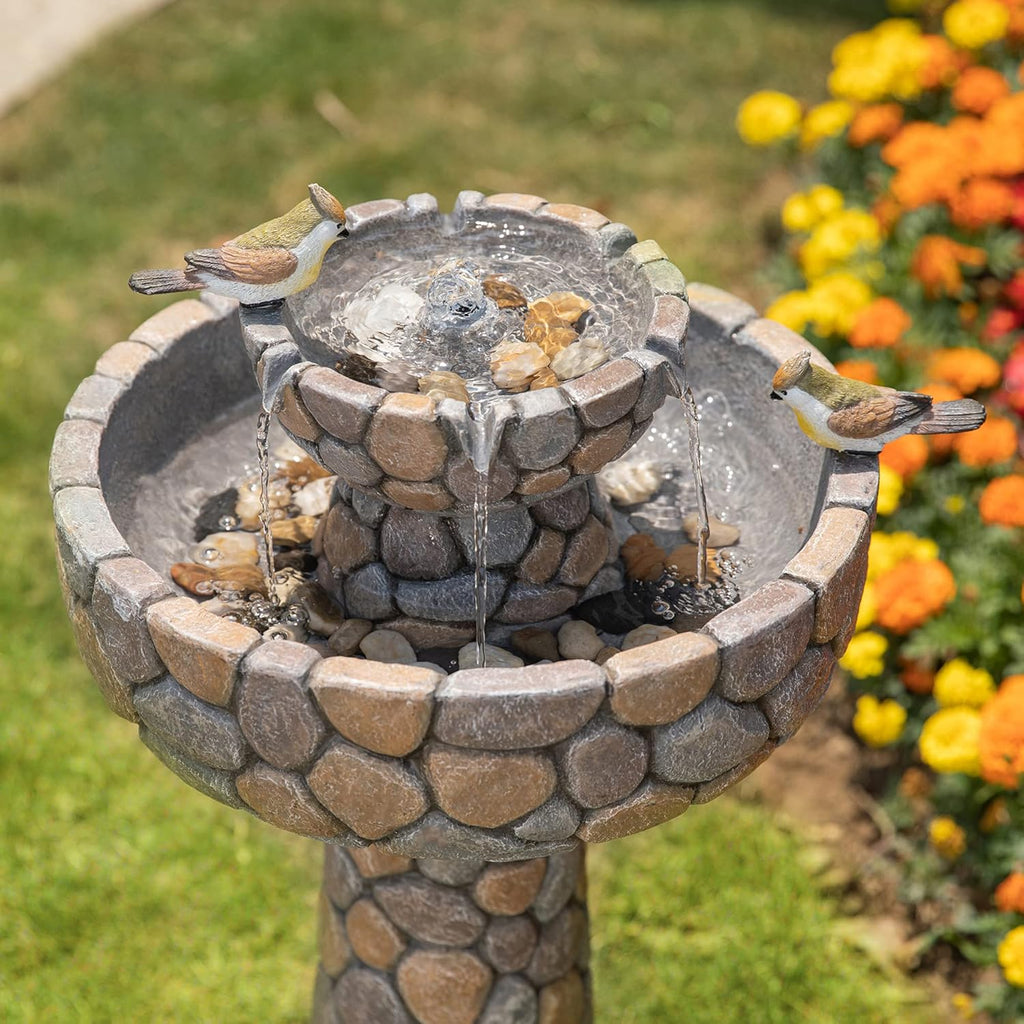 2-Tier Stone Like Outdoor Water Fountain with Birds, Bird Bath Outdoor Waterfall Fountain Decor, Freestanding Water