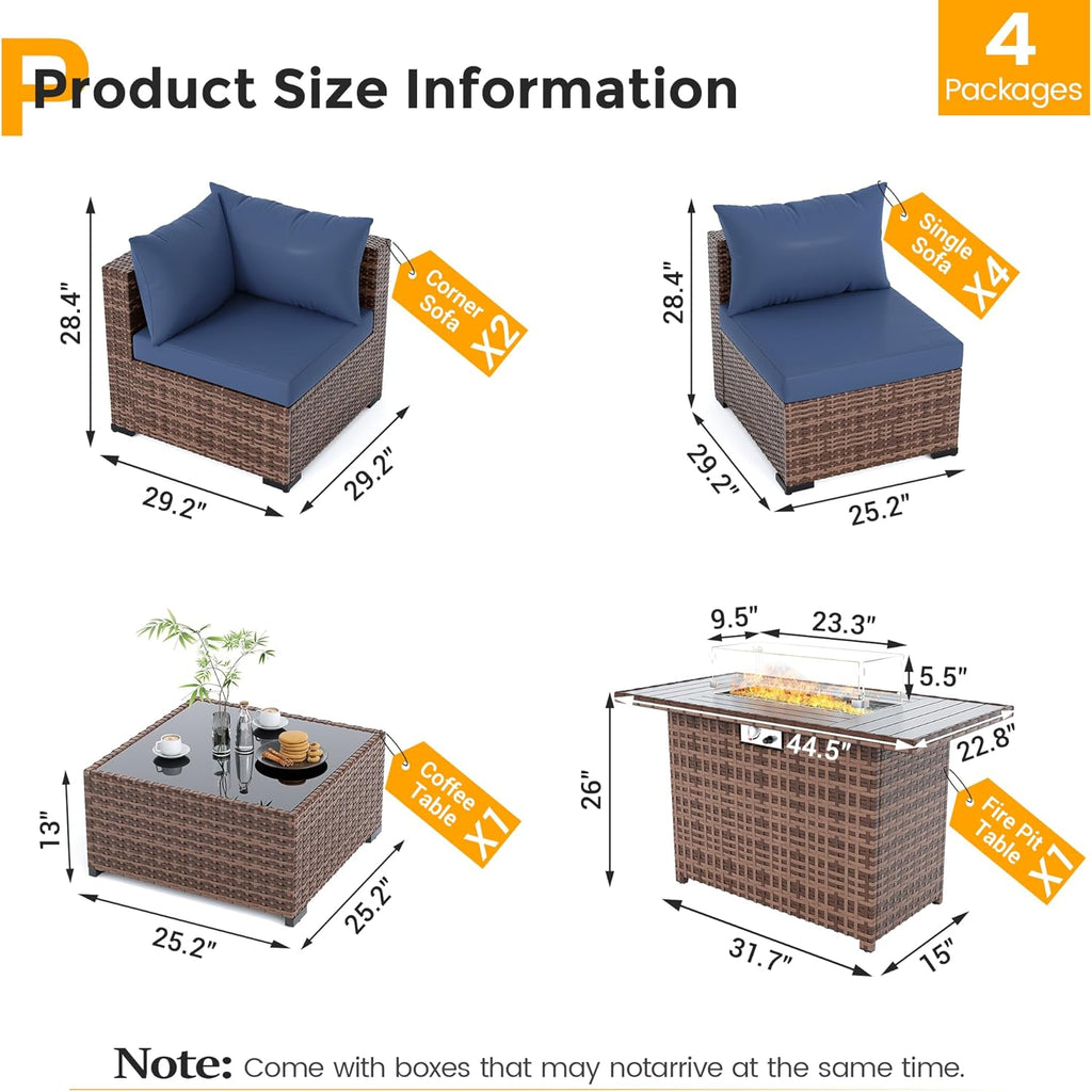 Furniture Set with Fire Pit Table, 8 Piece Sectional Sofas, All-Weather Wicker Conversation for Garden