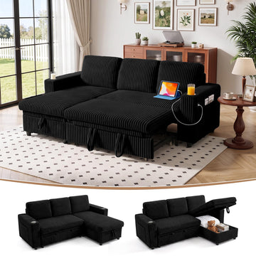 82.5" Pull Out Sleeper Sofa Bed with Storage Chaise, Black
