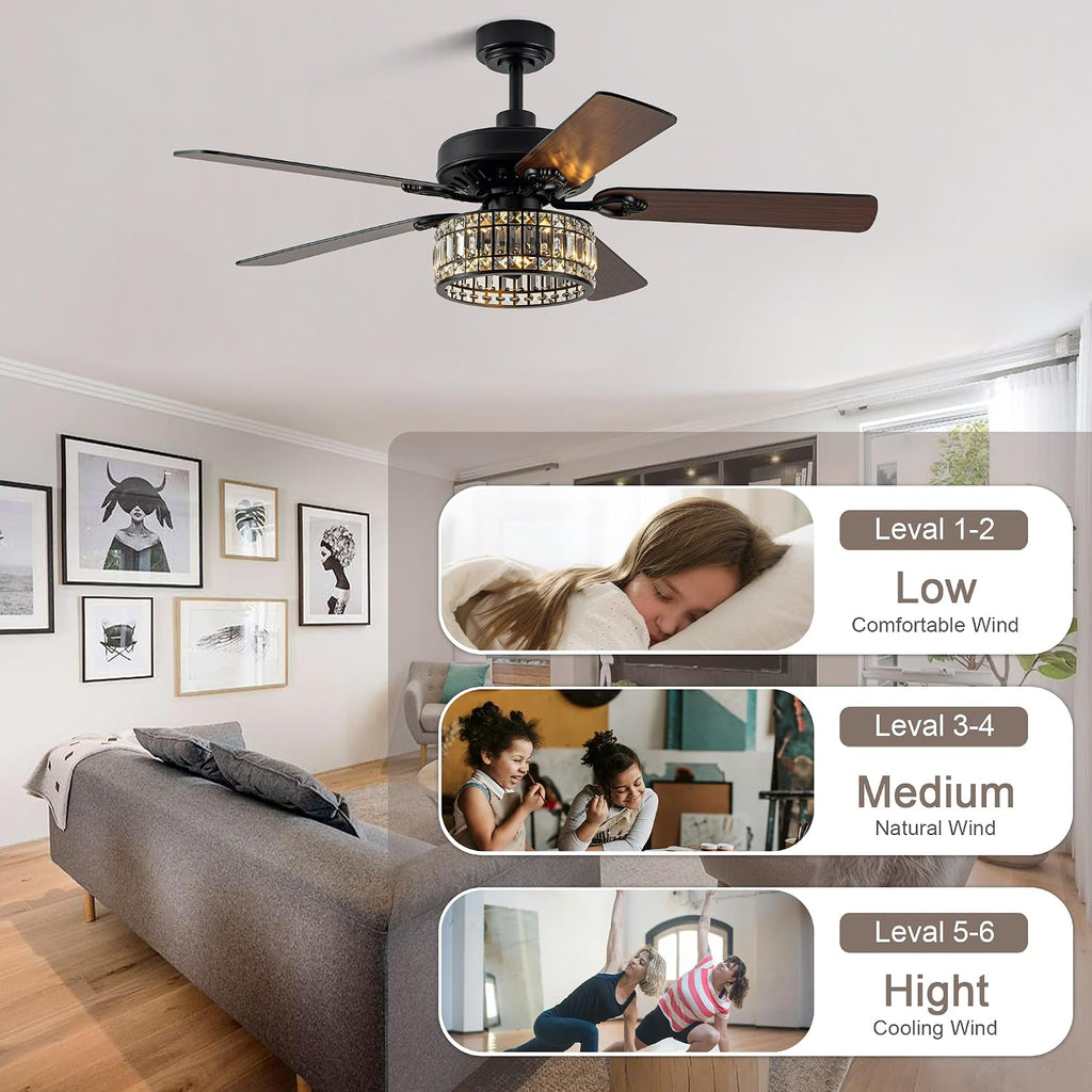52" Black Crystal Ceiling Fan with Light, Modern Chandelier Fan with Remote