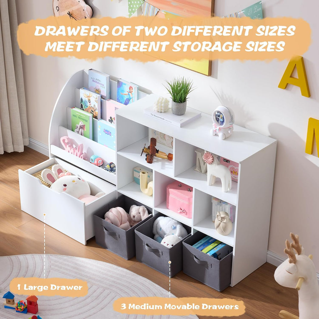 Kids Bookshelf and Toy Storage, 58.5'' Toy Storage Organizer with Movable Chests & 3 Storage Bins, Large Kids Reading