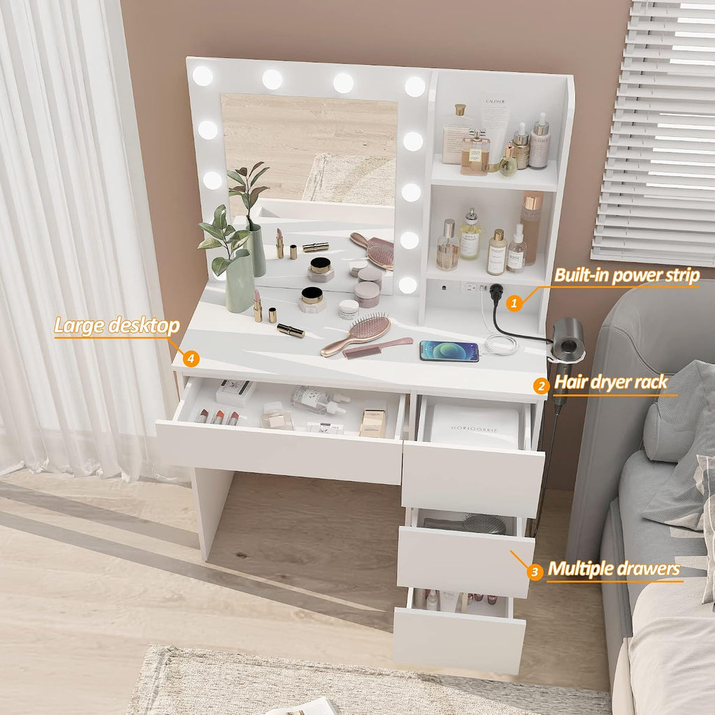 Makeup Vanity with Lights, 37inch Vanity Desk with Power Strip, 4 Drawers Makeup Table with Lighted Mirror, 3