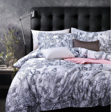 Midnight Blue Botanical Print Duvet Quilt Cover Egyptian Cotton Bedding Set Modern Luxury Minimal Palm Leaf Dark Navy