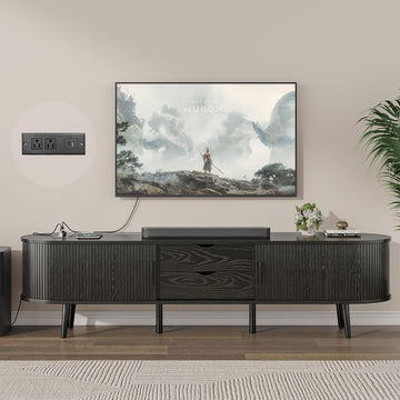 69" Mid Century Modern TV Stand with Power Outlet, Farmhouse Curved Edge TV and Media Console Table with Drawer and Shelf, Fluted Entertainment Center for Living Room, Bedroom, Black