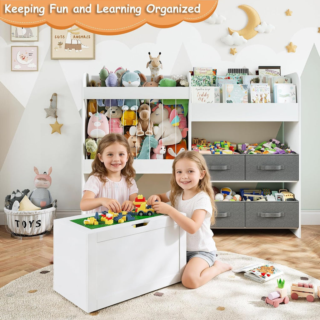 51.1" W Large Toy Storage Organizer with Stuffed Animal Storage, Kids Bookshelf with 4 Removable Toy Bins, Movable