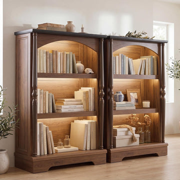 3-Tier Arched Bookcase with LED Lights Set of 2, Farmhouse Bookshelf with Solid Wood Classical Columns, Wooden Open