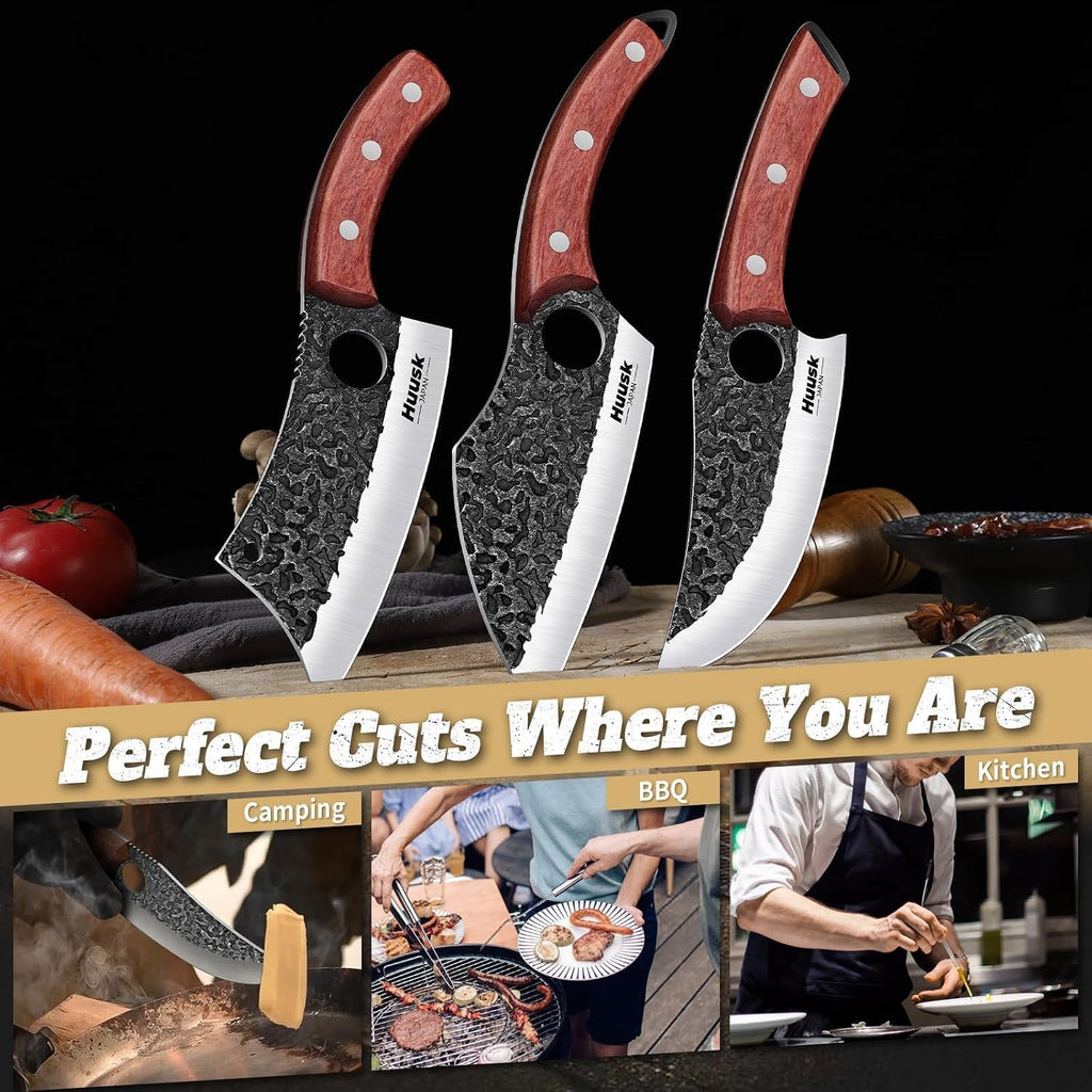 Butcher Knife Set of 3 - Japanese Knife Set for Meat Cutting | Hand Forged Viking Knives Sets with Meat Cleaver