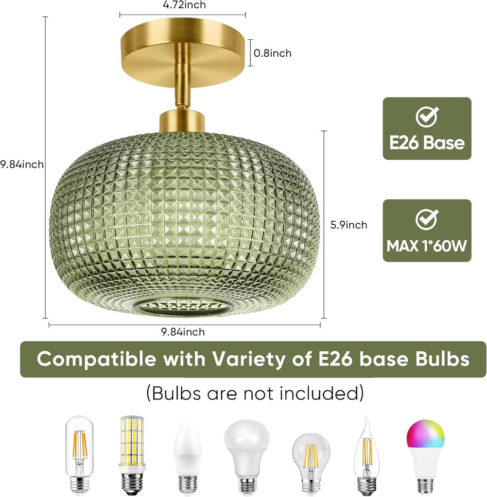 Semi Flush Mount Ceiling Light, Adjustable Hanging Gold Sloped Ceiling Lights with Green Glass Shade Vintage Hallway