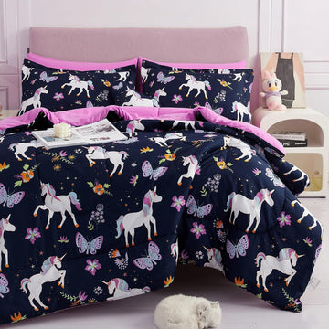 Kids Comforter Bed Set for Girls, 6 Pieces Bed in a Bag with Shams, Sheet Set, Pink Unicorn Soft Microfiber