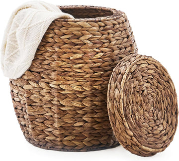 Round Wicker Basket with Lid, Handwoven Water Hyacinth Storage Basket, Blanket Organizer Basket for Laundry