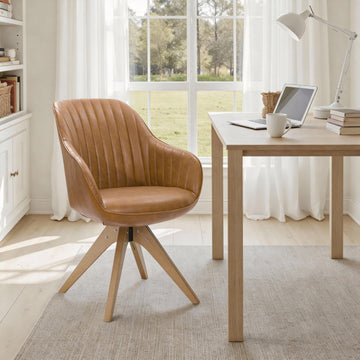 Mid Century Modern Accent Chairs with Wood Legs, Swivel Desk Chair No Wheels Faux Leather Vanity Side Chair with Back