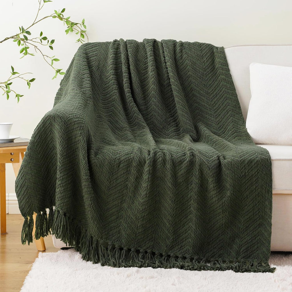 Olive Green Chenille Throw Blanket, Knit Throw Blanket,Super Soft Warm Home Decor Throw Blanket with Tassels,50" x 60"